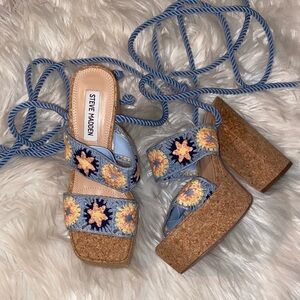 Steve Madden Light Blue Floral Embroidered Cork Platform Sandals